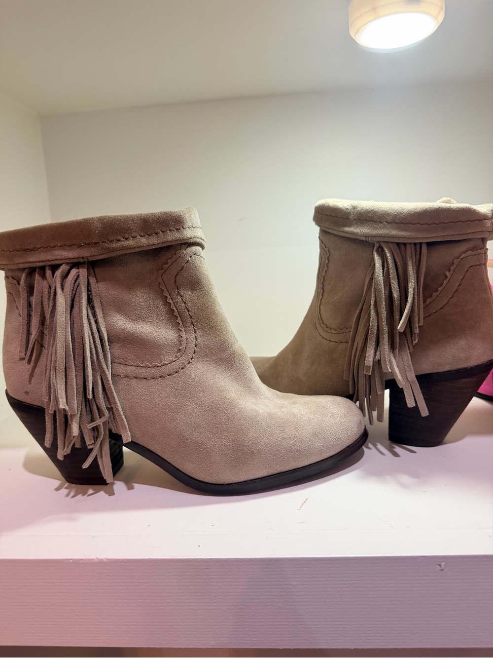 Sam Edelman Taupe Suede Fringe Ankle Booties